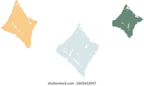Three textured stars and comets drawn in a crayon style with a rough finish. The artwork depicts abstract celestial shapes with a sketchy appearance. Cartoon vector illustration.