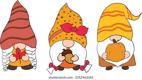 Three Thanksgiving Gnome with Maple Leaves, pumpkin, chestnut, Happy Fall illustration, Farm Harvest Festival