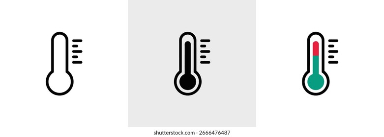 Tres iconos de termómetro que muestran diferentes estilos, uno con un contorno, uno negro sólido y un icono colorido que muestra una lectura de temperatura elevada sobre fondos blancos.