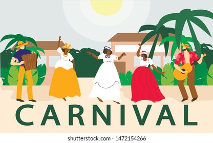 Three Thick Black Women and Musicians. Traditional Brazilian Costume. People Have Fun. National Holiday of Brazil. Vector Illustration. Advertising Image with Text. Abstract Clothes. Joy and Fun.
