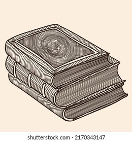 Three thick hardback books are stacked one on top of the other. Linear sketch isolated on a beige background.