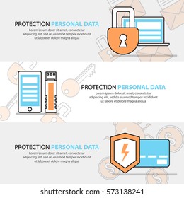 Three thin banners for protection personal data. Isolated flat line vector illustration