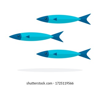 Three thin blue fish vector icon flat isolated.