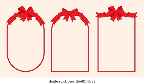 Três quadro fino com fita desenhada à mão e arco. Caixa de texto Vazia aniversário, Natal, Ano novo. Arco plano vermelho para presente, presente. Vetor isolado EPS10	
