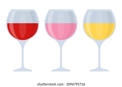Three thin glass glasses with wine, white, red, pink flat set. Cups with shadows and highlights. Design object, decor elements for the menu and restaurant. Suitable for brand logo. Vector illustration