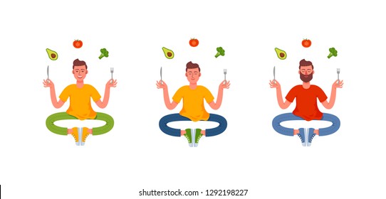 Three thin men sitting in the lotus position with a fork and knife in their hands and around them a healthy meal. Avocado, broccoli, tomato. Healthy lifestyle. Vector illustration in cartoon style.
