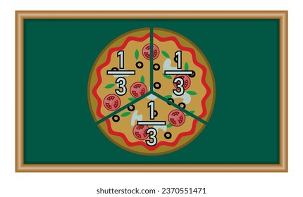 Three thirds pizza fractions. Fraction for kids. Pizza slices. Fraction fun with pizza. vector illustration isolated on chalkboard.