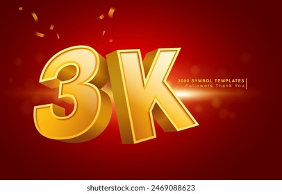 Three thousand abbreviation symbol or thank you followers. Number template in golden yellow 3D font. use for promotional advertisement in blog or post design. 3D vector illustration file.