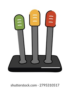 Three throttle levers on a base, each at different tilt with rounded caps and bold outline. Symbol of choice, control, adjustment, and workflow tuning. Cartoon vector illustration.