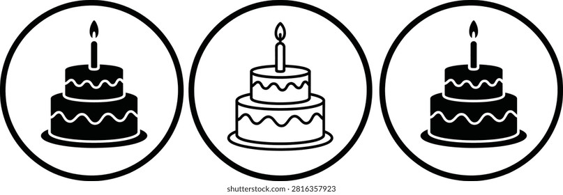 Three tier birthday cake with lit candles in circles