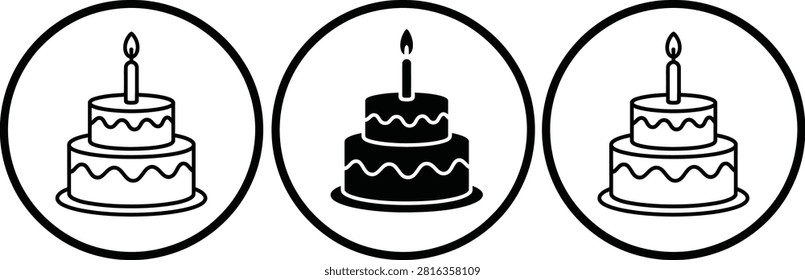 Three tier birthday cake with lit candles in circles