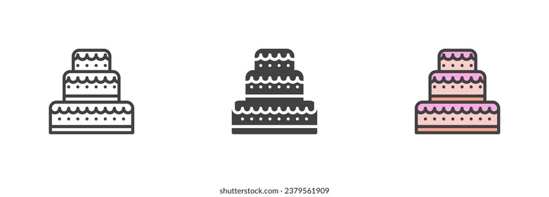 Three tier cake different style icon set. Line, glyph and filled outline colorful version, outline and filled vector sign. Symbol, logo illustration. Vector graphics