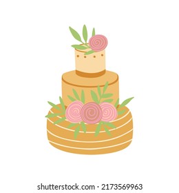 Three tier cake with flowers. Vector Illustration for printing, backgrounds, covers, packaging, greeting cards, posters, stickers, textile and seasonal design. Isolated on white background.