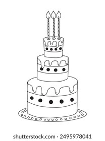 Three tier cake with tree candles hand drawn vector illustration