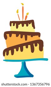 Three tier chocolate birthday cake vector or color illustration