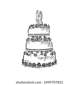 Un pastel de boda clásico de tres niveles con pilares y un adorno de pastel de novia y novio en la parte superior. Dibujado a mano en blanco y negro. Vector, dibujo de líneas con decoración de rosas.