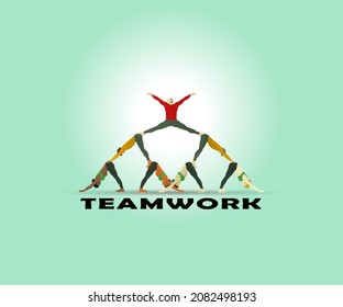 Eine dreistufige menschliche Pyramide mit dem Titel: Teamwork für das Konzept der Teamleistung. Handgezeichnete Vektorgrafik.