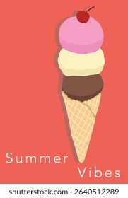 Three Tier Ice Cream Vertical layered in variety flavours of Strawberry, Vanilla, and Chocolate Design Illustration editable vector