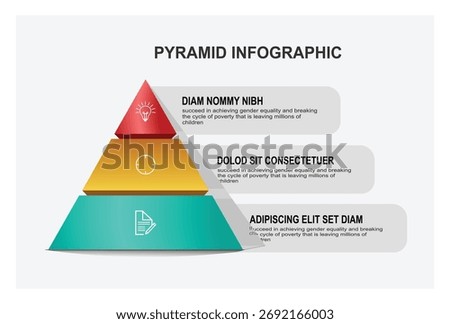 Three tier pyramid infographic uses bold colors to symbolize growth, progress, and information flow. Ideal for business, education, and data visualization contexts.