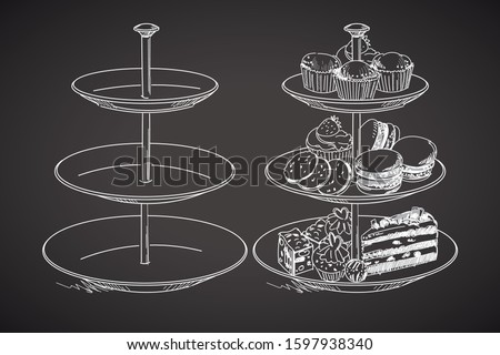 Three tier serving tray. Hand drawing on a blackboard. Vector illustration