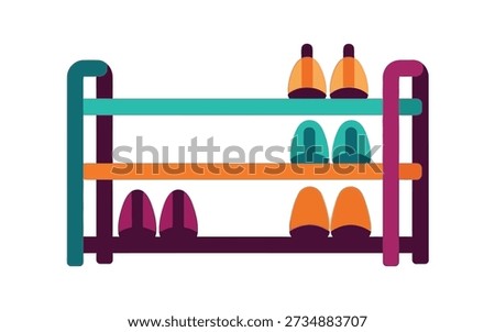 Three tier shoe rack with orange green and purple shoes flat