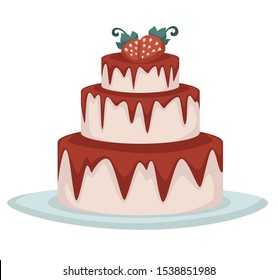 Three tier strawberry cake with pink frosting, dripping jam and fresh berries on top, colorful flat concept vector illustration, white background