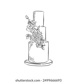 A three tier wedding cake with floral elements, baked and finished with fondant icing. Drawn by hand in black and white line. Vector. Cook, chef, pastry chef.