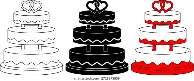 Three tier wedding cake icons with heart toppers in outline, solid black, and red white styles