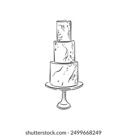 A three tier wedding cake with marble elements, baked and finished with fondant icing. Drawn by hand in black and white line. Vector. Cook, chef, pastry chef.