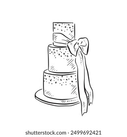 A three tier wedding cake with snow elements, baked and finished with fondant icing and a ribbon on the right hand side. Drawn by hand in black and white line. Vector. Cook, chef, pastry chef.