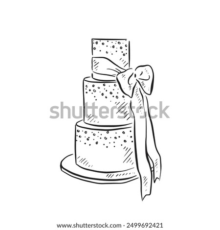 A three tier wedding cake with snow elements, baked and finished with fondant icing and a ribbon on the right hand side. Drawn by hand in black and white line. Vector. Cook, chef, pastry chef.