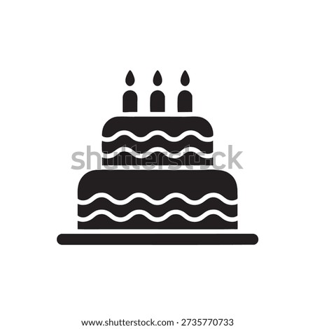Three tiered birthday cake with wavy patterns and three burning candles on top representing a festive and celebratory atmosphere for special occasions.