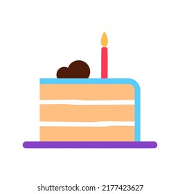 Three Tiered Cake Slice On White Background. Baked Frosted Birthday Treat Piece With Burning Candle. Abstract Cake With Cream Glaze Sign. Bright Pastry Flat Symbol. Minimal Logo Vector Illustration.