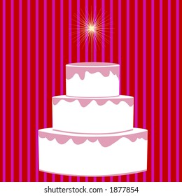 three tiered cake with stripe background and sparkler