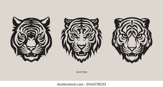 Cara de tres tigres con apariencia sugerente en un estilo de logo mínimo en blanco y negro