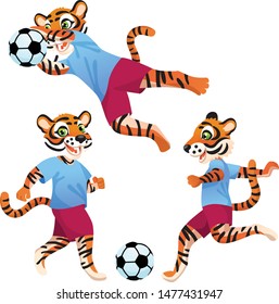 Three tigers as the footballers in uniform in dynamic poses with the soccer ball