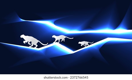 Three tigers jumping out from the lightning cave. Hologram background wallpaper with neon effects.