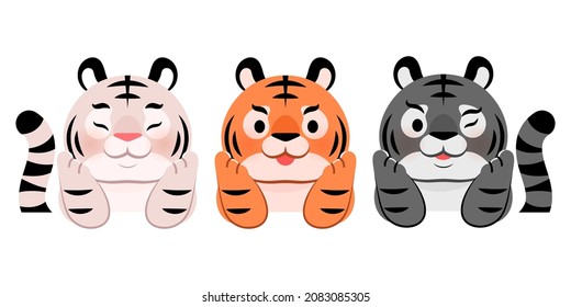 Three tigers support their chins with their hands and smile. Cute tiger character vector illustration.