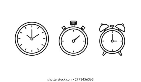 Three timekeeping devices in a simple linear illustration silhouette