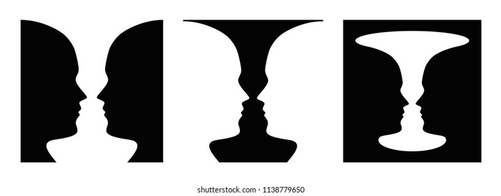 Three times figure-ground perception, face and vase. Figure-ground organization. Perceptual grouping. In Gestalt Psychology known as identifying figure from background. Illustration over white. Vector