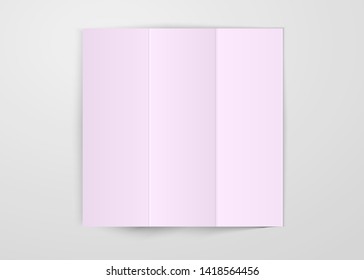 Three times folded light pink paper sheet placed on white background. Square card template design vector isolated with shadow