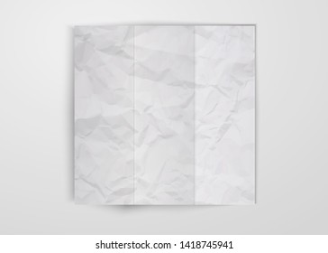Three times folded white crumpled paper sheet placed on white background. Texture of crumpled paper square card template design vector isolated with shadow
