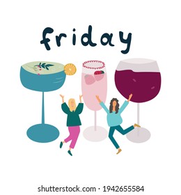 Three tiny girls celebrating the end of the week. Vector illustration on a white background showing the end of the week in the form of alcoholic drinks such as wine, champagne and martini. 