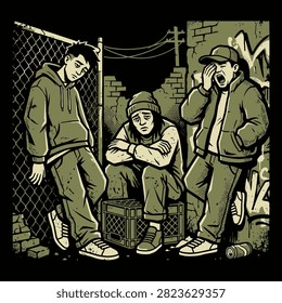 Three tired young men hanging out in a dark alleyway