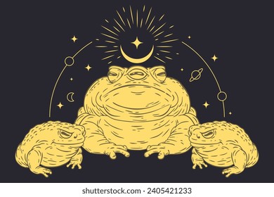 Three toads with abstract spiritual graphic elements in vintage cartoon style. Mystery composition. Vector illustration.