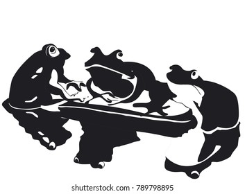 three toads in black and white