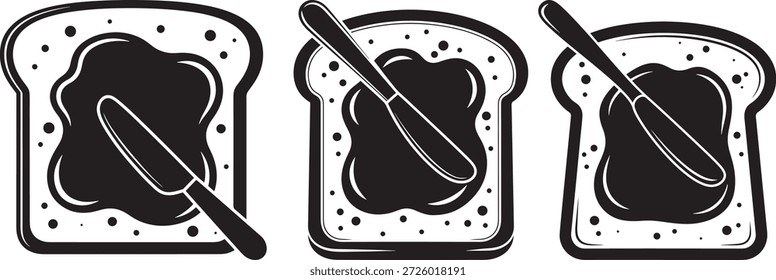 Tres tostadas con mermelada y cuchillo icono. Dulce Ilustración vectorial de desayuno. Pan.