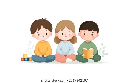 Três crianças com blocos e um livro. Brinquedos educativos para a primeira infância. Arte vetorial. Isolada sobre um fundo branco.