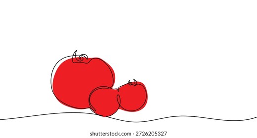 Tres tomates. Una ilustración de arte continua de una sola línea con color. Vector de dibujo de línea