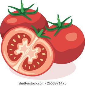 Se representan tres tomates, uno cortado por la mitad que revela su jugoso interior y semillas.